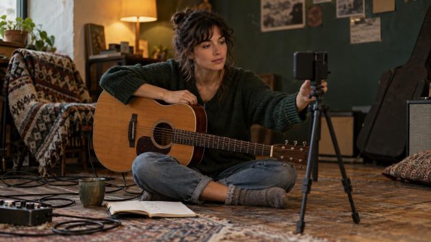 An adult musician sits on a wooden floor in a small rehearsal room, holding an acoustic guitar and looking at a phone clipped to a small tripod.