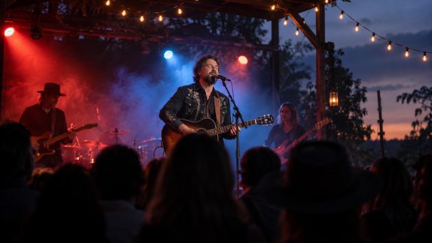 An adult singer plays an acoustic guitar and sings into a microphone on a small outdoor stage at dusk under red and blue lights, with silhouetted adults watching from below.